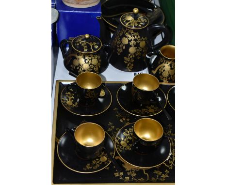 A CHINESE LACQUER WARE TEASET, comprising of a tray, six cups, saucers and spoons, teapot, milk jug and covered sugar bowl, t