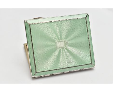 A SILVER AND GUILLOCHE ENAMEL CIGARETTE CASE, rectangular form case, mint green guilloche enamel detail, gilt interior, hallm