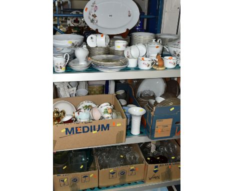 SIX BOXES OF CERAMICS AND GLASSWARE, to include a Limoges porcelain dinner set, decorated with a pink rose and monogrammed A.