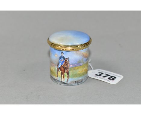 A PETER GRAVES (HERITAGE COLLECTIONS ENGLISH ENAMEL BOXES) CYLINDRICAL BOX WITH HINGED COVER, hand painted with a titled scen