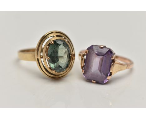 TWO GEM SET RINGS, the first a yellow metal dress ring, set with a green synthetic spinel, stamped 333 and 211, ring size P 1