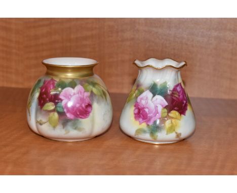 TWO ROYAL WORCESTER PORCELAIN VASES BOTH DECORATED WITH ROSES, comprising shape no. G957, signed E. Spilsbury, date cypher fo