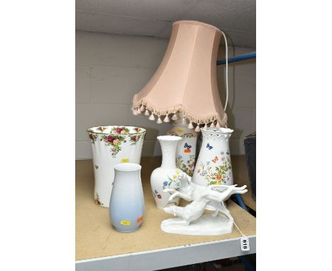 SIX DECORATIVE CERAMIC ITEMS, comprising  Royal Albert Old Country Roses waste paper bin / large vase, Aynsley table lamp and