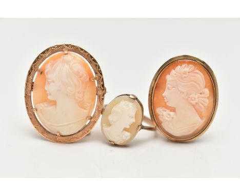 TWO CAMEO BROOCHES AND A CAMEO RING, the first a 9ct gold mount with etches detail, set with an oval portrait shell cameo, ha