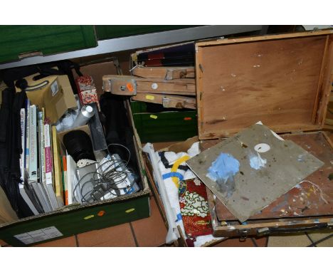 THREE BOXES AND LOOSE ARTISTS MATERIALS, TOOLS, PAINTS AND BOOKS, to include a Winsor &amp; Newton Ltd adjustable easel, a C 