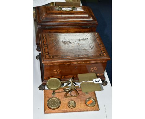 A TEA CADDY, A WOODEN BOX AND A SET OF POSTAL SCALES, comprising a bombe tea caddy with internal dividers (requires a little 