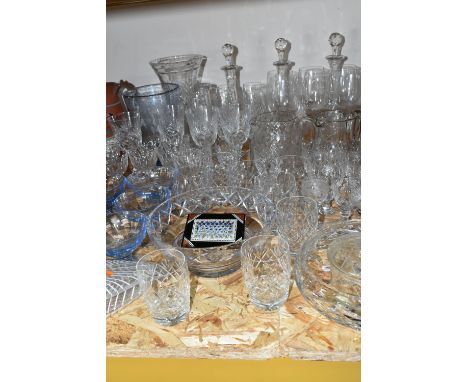 A GROUP OF GLASS WARES, to include a Victorian Nailsea style double gimmel flask with white feathered decoration and blue lip