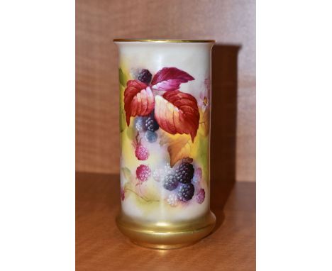 A ROYAL WORCESTER CYLINDRICAL VASE WITH BULBOUS BASE PAINTED WITH AUTUMNAL FRUIT AND FOLIAGE BY KITTY BLAKE, signed, shape no