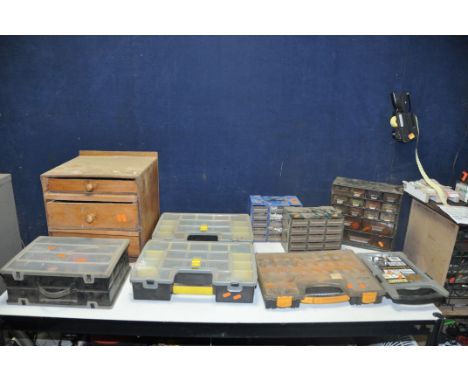 EIGHT TOOLCASES CONTAINING HARDWARE including screws, nuts, bolts, nuts, wall plugs, washers and a small wooden chest of thre