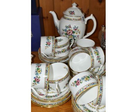 A COALPORT 'MIG ROSE' PATTERN COFFEE SET, comprising coffee pot (base stand is broken), nine cups, twelve saucers, six tea pl