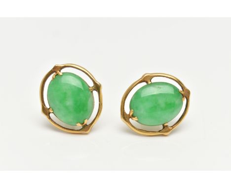 A PAIR OF YELLOW METAL AND JADE EARRINGS, oval jade cabochon set in an open work yellow metal mount, fitted with post and scr