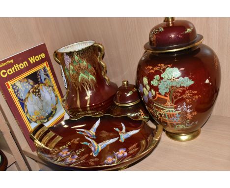 A GROUP OF 'ROUGE ROYALE' CARLTON WARE, comprising a twin handled dish decorated with three flying mallard ducks, length 30cm