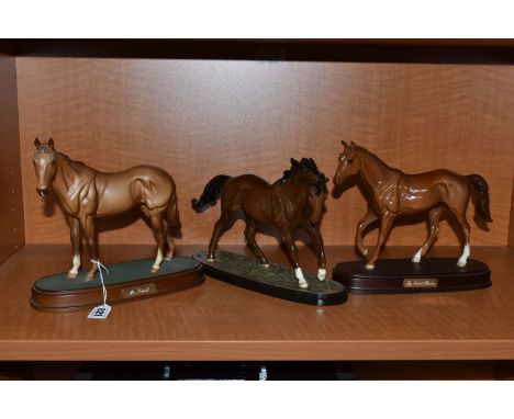 THREE ROYAL DOULTON HORSES ON PLINTHS, comprising DA190 'Mr Frisk' on titled wooden plinth, matt glaze, DA193B 'My First Hors