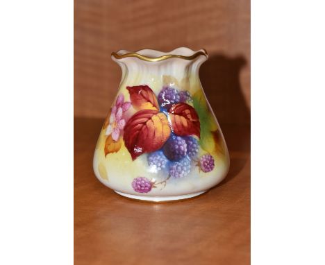 A ROYAL WORCESTER PURSE SHAPED VASE PAINTED WITH AUTUMNAL FRUIT AND FOLIAGE BY KITTY BLAKE, signed, shape no. G957, date cyph