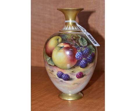 A ROYAL WORCESTER VASE OF OVOID FORM WITH FLARED RIM PAINTED WITH A FRUIT STUDY BY W.J. BAGNALL, signed, shape no. H302, gilt
