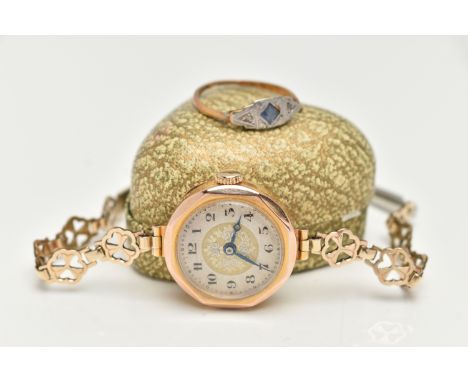 AN EDWARDIAN 9CT GOLD CASE WATCH AND A SAPPHIRE AND DIAMOND RING, the watch with a 9ct gold watch head and rolled gold strap,