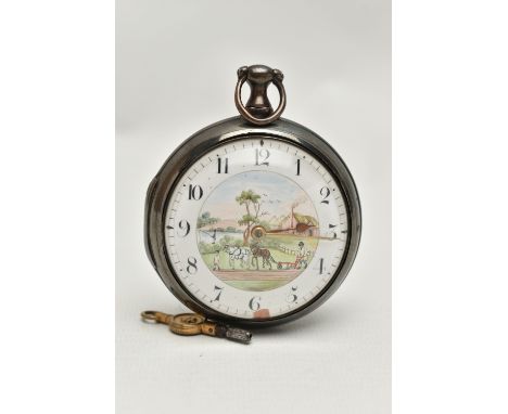 A GEORGE III SILVER PAIR CASED POCKET WATCH, the white enamel dial with Arabic numerals, painted to the centre with a rural s
