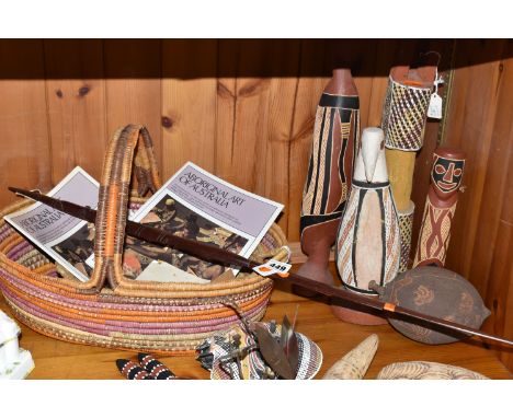 A COLLECTION OF ABORIGINAL ART FIGURES AND BARK PAINTING, comprising three carved wood bird figures (one has a chipped beak),