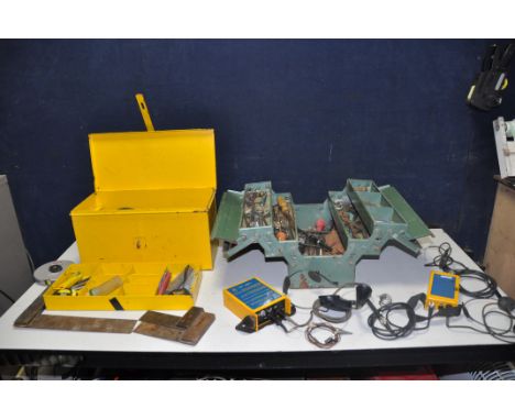 A 'BT' METAL TOOLBOX AND ANOTHER METAL TOOLBOX including tools such as a BT 87E Oscillator with clips and headset, a No 109G 