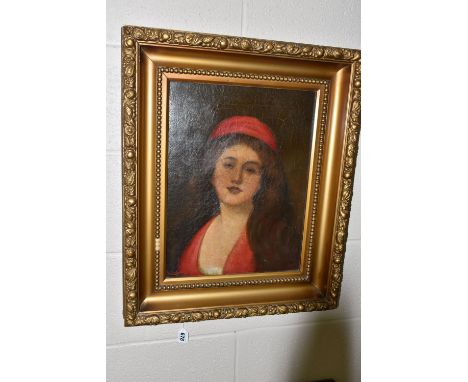 HARLOWE (LATE 19TH / EARLY 20TH CENTURY) A HEAD AND SHOULDERS PORTRAIT OF A FEMALE FIGURE, she is wearing a red dress and red