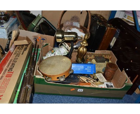 TWO BOXES AND LOOSE METAL WARES AND SUNDRY ITEMS, to include assorted metal, japanned and other trays, a boxed Past Times bag