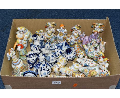 A BOX OF RUSSIAN CERAMIC FIGURES, to include fourteen Gzhel and similar figures of animals and people, together with brightly