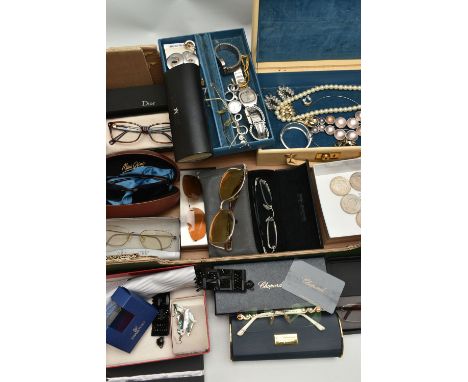 A BOX OF ASSORTED COSTUME JEWELLERY AND GLASSES, to include a 'Jaeger' necklace, two pairs of Grosse clip on earrings, five w