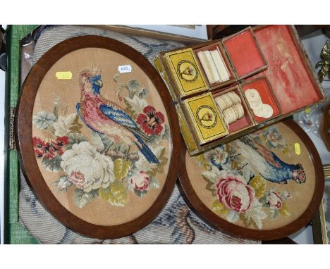 A BOX CONTAINING NINETEENTH CENTURY NEEDLEWORK AND A GEORGIAN GAME BOX, comprising a wooden framed pair of needlepoint embroi