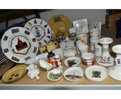 A  QUANTITY OF W.H GOSS GIFTWARE, comprising a crested ware candle stick with a Clifton College crest, four pin dishes, a mat