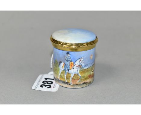 A PETER GRAVES (HERITAGE COLLECTIONS ENGLISH ENAMEL BOXES) CYLINDRICAL BOX WITH HINGED COVER, hand painted with a titled scen