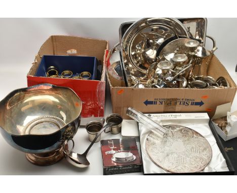 TWO BOXES OF ASSORTED WHITE METAL WARE, to include a boxed 'Arthur Price' coaster, a three branch silver plate candlestick, a