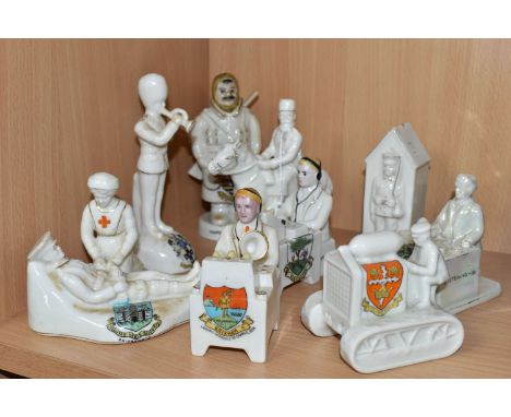 A COLLECTION OF WORLD WAR ONE AND MILITARY THEMED CRESTED WARE, nine pieces comprising a Swan China 'Model of Nurse &amp; Wou