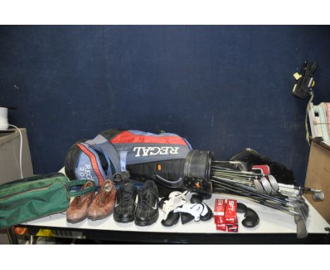 A REGAL GOLF BAG CONTAINING CLUBS including MacGregor Tourney 3,5 and 7 drivers, Tour Model Series 5 w,s,3,4,5,6,7,8 and 9 ir