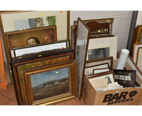 TWO BOXES AND LOOSE PICTURES AND PRINTS ETC, to include an oil on board depicting Aros Bridge in Mull, signed and dated F.W. 