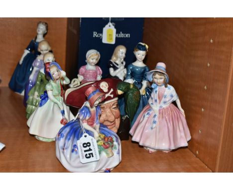 NINE ROYAL DOULTON GIRL FIGURES AND A BOXED ROYAL DOULTON 'MICHAEL DOULTON TREASURE CHEST -LONG JOHN SILVER' CHARACTER JUG. D