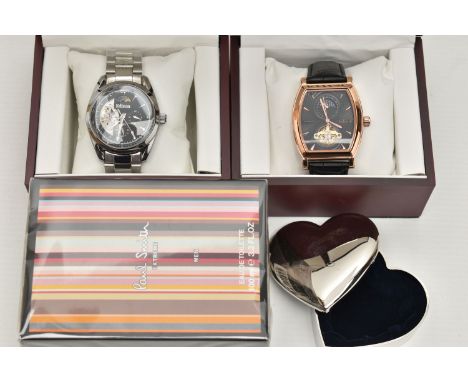 TWO 'EDISON' WRISTWATCHES AND A FRAGRANCE, the first a boxed automatic wristwatch with plastic wrap still fitted to the brace