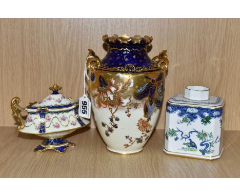 THREE PIECES OF ROYAL CROWN DERBY, comprising a twin handled baluster vase decorated in the Imari palette with foliate design