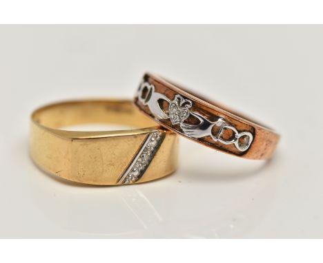 TWO 9CT GOLD DIAMOND SET RINGS, the first of signet ring design set with single cut diamond, ring size S, the second a Cladda