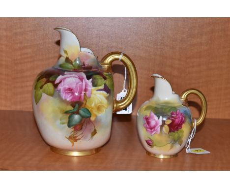 TWO ROYAL WORCESTER FLAT BACK JUGS PAINTED WITH ROSES, shape no. 1094, the larger jug signed J (Jack) Southall, date cypher f