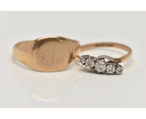 A 9CT GOLD SIGNET RING AND YELLOW METAL DIAMOND RING, a large yellow gold signet ring, hallmark part worn, 9ct Birmingham, ri
