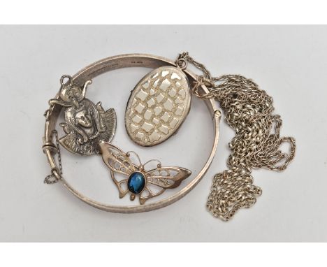 AN ASSORTMENT OF SILVER AND WHITE METAL JEWELLERY, to include a silver hinged bangle, with repeating pattern detail, hallmark