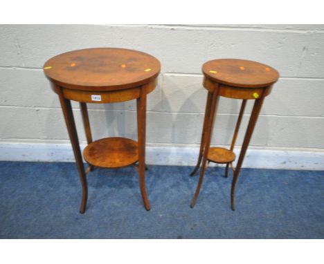 A REPRODUCTION BURR WALNUT OVAL LAMP TABLE, width 46cm x depth 39cm x height 75cm, along with a matching smaller table (condi