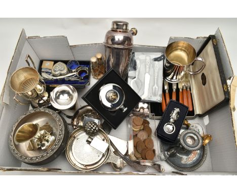 A BOX OF ASSORTED WHITE METAL, to include a silver plated cocktail drinks shaker with a cork stoper, base stamped 'Reg plato 