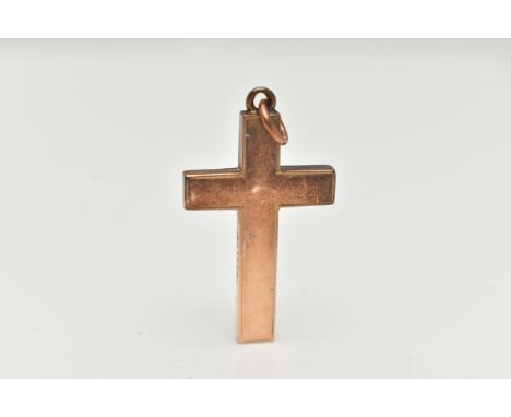 A YELLOW METAL CROSS PENDANT, polished cross, stamped 15ct, fitted with a jump ring for suspension, length including jump rin