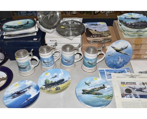 A COLLECTION OF CERAMIC AND PEWTER COLLECTORS PLATES AND TANKARDS, largely relating to World War II aircraft, some boxed, man