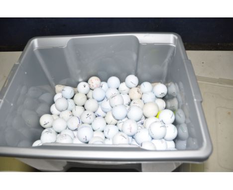 A PLASTIC BOX CONTAINING USED GOLFBALLS by Maxfli, Titleist, Callaway, Dunlop, etc