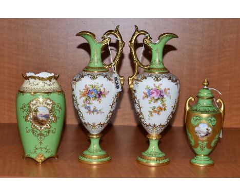 FOUR EARLY 20TH CENTURY COALPORT GREEN AND GILT GROUND EWERS AND VASES, comprising a pair of pedestal ewers of baluster form,