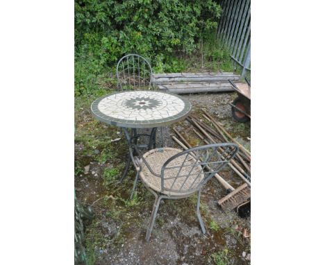 A CIRCULAR TILE TOP GARDEN TABLE, diameter 76cm x height 68cm, and two chairs (condition:-seats well worn) (3)