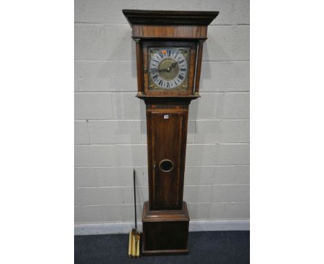 A GEORGIAN STYLE MAHOGANY AND CROSSBANDED CHIMING LONGCASE CLOCK, box hood with cylindrical pillars, flanking a glazed door t