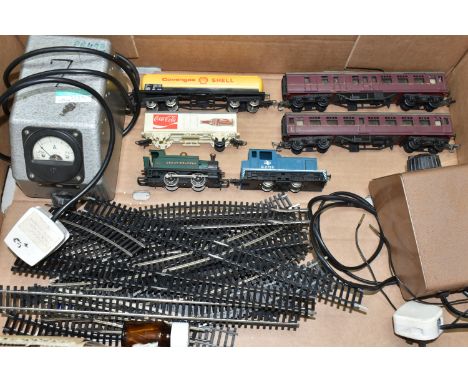 A BOX OF MODEL RAILWAY ITEMS, comprising two controllers by Telos and H & M Flyer, a quantity of Hornby 00 track, a Hornby Gr